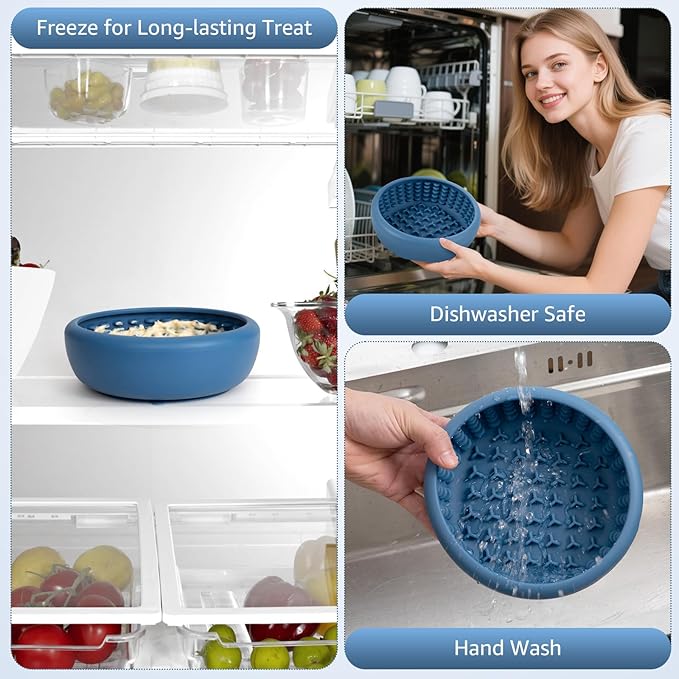 Dog Lick Bowl, ZOURYNUA Non-Slip Slow Feeder Dog Bowls, Enrichment Licking Mat for Distraction, Anxiety Relief Treat Dispenser Freezer, BPA Free Silicone & Dishwasher Safe (Dark Blue, Small)