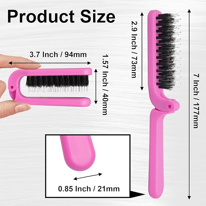 2 Pack Foldable Hair Brush Travel Hairbrush, Boar Bristle Hair Brush Portable Collapsible Pocket Comb for Women and Men, Suitable for Travel, Purse, Anti-Static Design (Hot Pink & Light Pink)