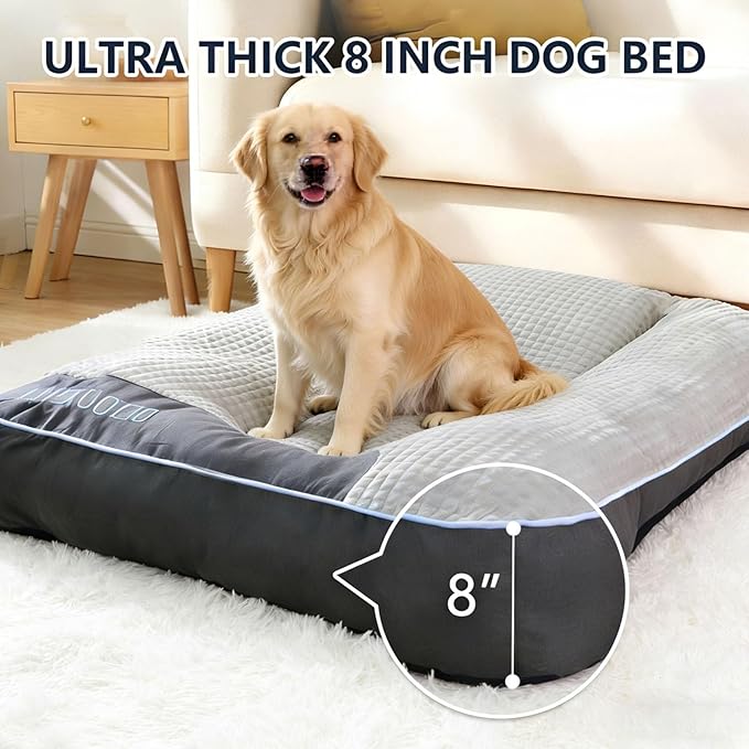 Orthopedic Rectangle Dog Bed for XL Dogs Up to 110lbs, Soft Fluffy Warm Extra Thick Pet Sofa Bed, Ergonomic Curved Crate Pad with Pillow & Non-Slip Bottom(Grey,47" L x 37" W x 8" Th)