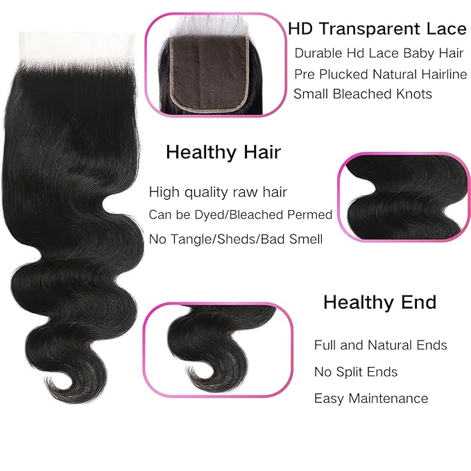 Selina 5x5 Lace Closure Body Wave Human Hair Unprocessed Human Hair Pre Plucked Wiht Baby Hair Brazilian Virgin Hair Free Part Closure Natural Black Color 16 Inch