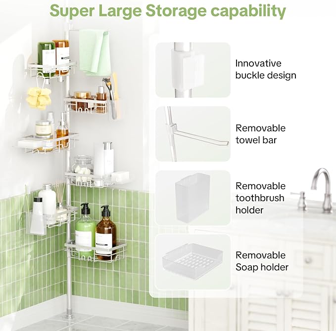 Shower Tension Rod Organizer, 6 Tier Rustproof Corner Shower Caddy Tension Pole with Soap Holder & Hooks, Adjustable 30-121 Inch Bathroom Shelf for Renters - Family Stand Storage Rack, Silver