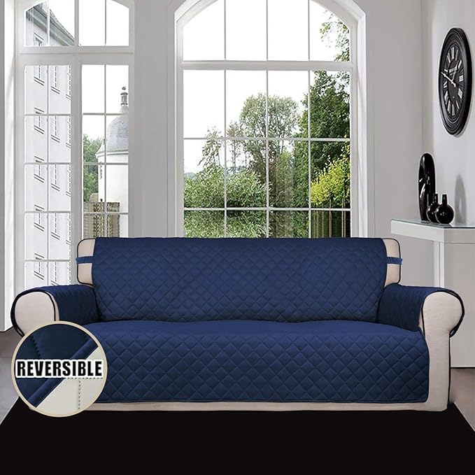 Easy-Going Reversible Couch Cover for 3 Cushion Couch Sofa Cover for Dogs Water Resistant Furniture Protector Cover with Foam Sticks Elastic Straps for Pet Cat (Sofa, Navy/Ivory)