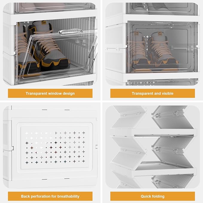 Foldable Shoe Storage Organizer, Stackable Boxes for Closet, Foldable Space-Saving Shoe Rack for Sneaker Boot Container, Acrylic Shoe Cabinet Shoe Box（6 Pack,White