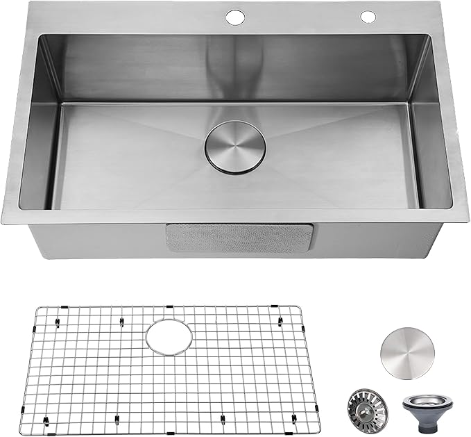 30 inch Drop in Kitchen Sink, Topmount Single Bowl 304 Stainless Steel Handmade Satin Finish Kitchen Sinks with Dish Grid and Strainer