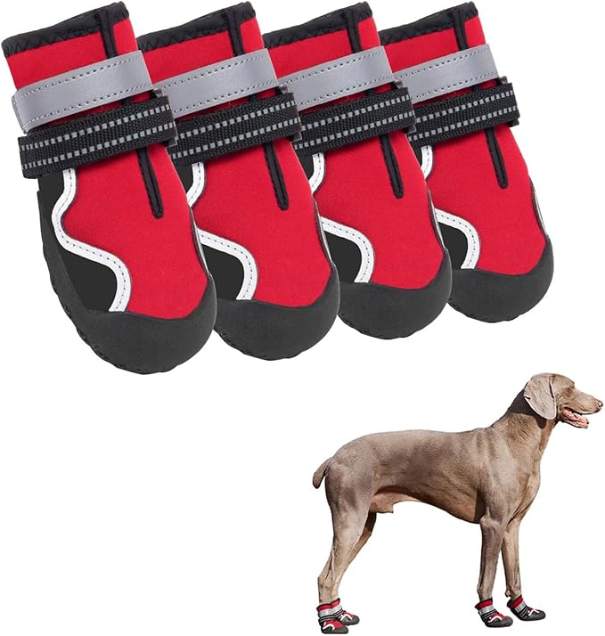 Dog Shoes Small Medium Large Size Dogs, Puppy Booties Paw Protector for Hot Pavement, Non-Slip Waterproof Rubber Reflective Strapped Boots (Red, Size 1#: (2.3 * 1.8) (L*W) for 11-23lbs)