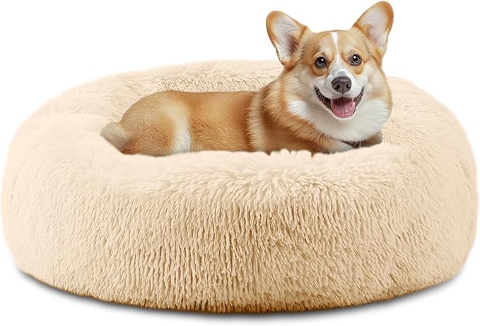 ELSKER&HOME Calming Dog Bed,Donut Washable Warming Soft Round 30 inches Dog Beds for Medium Dogs,Anti-Anxiety Fluffy Plush Cushion Bed Fits up to 50 lbs Pets,Apricot