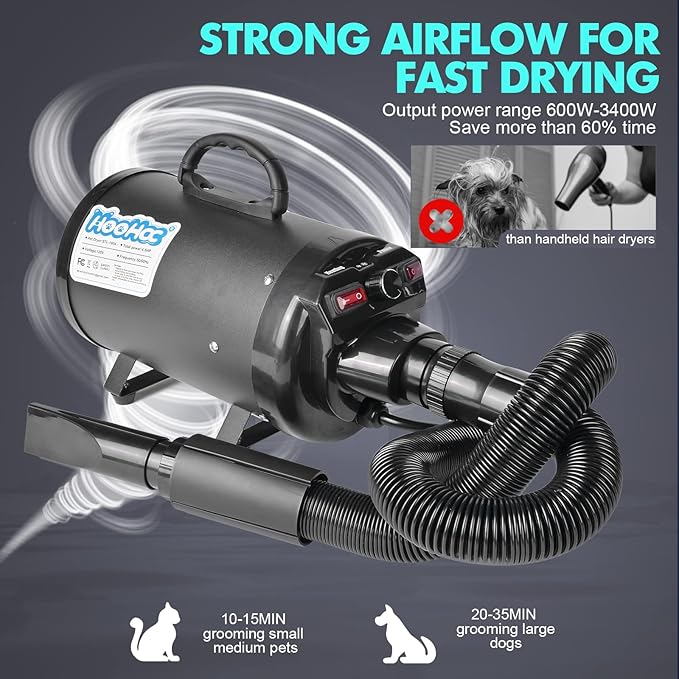 Dog Dryer, 4.5HP All-in-one Pet Grooming Dryer with Adjustable Speed and Temperature Control Dog Blow Dryer, Dog Hair Dryer with 4 Nozzle, Comb, Towel & Glove (Black)