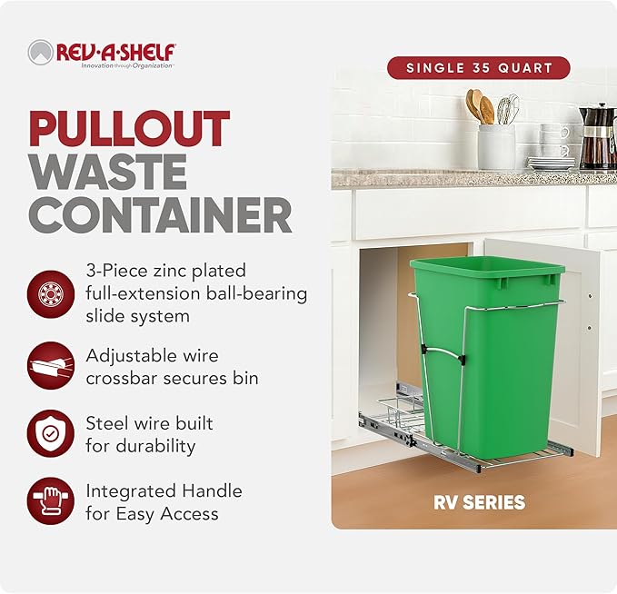 Rev-A-Shelf Pullout Trash Can for Kitchen Cabinets 35 Qt Garbage Waste Recycling Bin with Full Extension Slides, Green, RV-12KD-19C-S