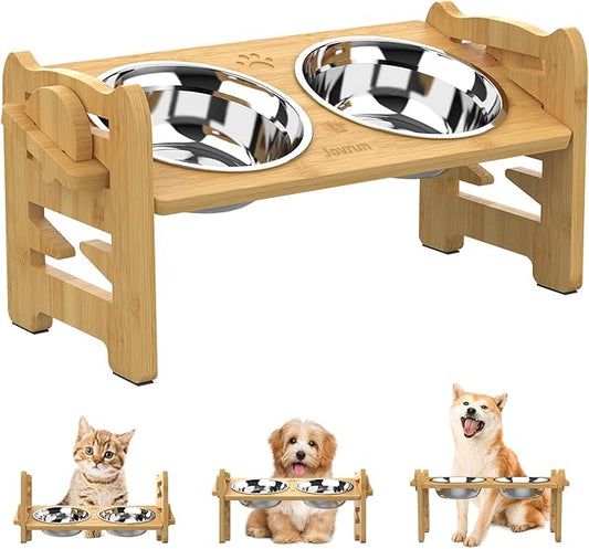 Elevated Dog Bowls, Adjustable Raised Dog Bowl Stand for Small Size Dogs and Cats, 15°Tilted Elevated Cat Bowls, Durable Bamboo Dogs Feeder with 2 Stainless Steel Bowls and Non-Slip Feet