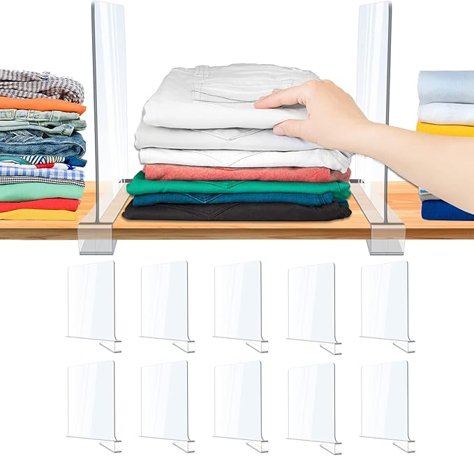 10 Pack Acrylic Shelf Dividers, Clear Shelf Divider for Closet Organization, Closet Shelf Separators for Clothes/Purses, Wood Shelves Organizers in Bedroom, Kitchen, Office, Cabinets, Bathroom Storage