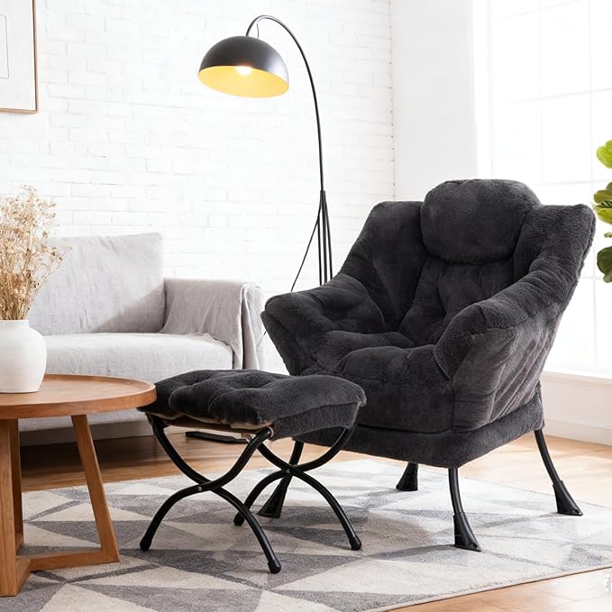 Welnow Lazy Chair with Ottoman, Modern Lounge Accent Chair with Armrests and a Side Pocket, Leisure Sofa Armchair, Reading Armchair with Footrest for Small Space, Plush Navy