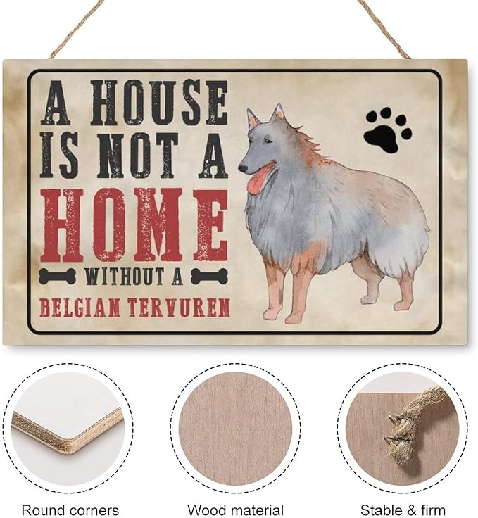 Mutilovely Funny Dog Signs A House Is Not A Home Without A Belgian Tervuren Pet Quote Dog Paw Print Wood Plaque Vintage Wall Decor for Home Bedroom Living Room Gift for Pet Lovers 10"x16"