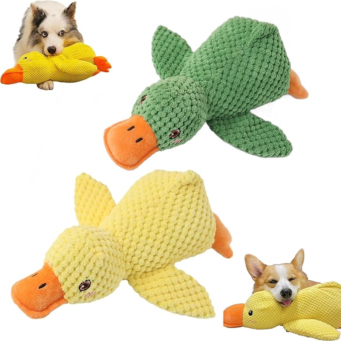 Calming Duck Toy for Dogs, The Dog Calming Duck, Dogs' Emotional Support Ducks, Yellow Stuffed Ducks Dog Chew Toys, Interactive Toys for Chewers (Yellow+Green)