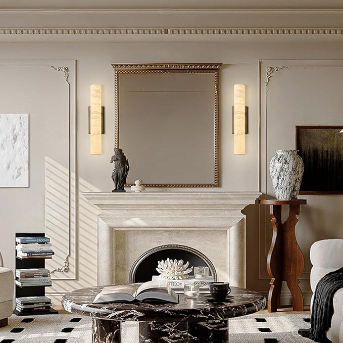 Alabaster Wall Sconces, 20" Black Wall Sconce, Modern Bathroom Sconces Wall Lighting, Cylinder Spanish Marble Wall Sconce Perfect for Living Room, Bedroom, Hallway, Stairs