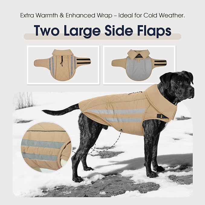 IECOii 5XL Warm Dog Jacket - Waterproof Great Dane Coats Windproof Outdoor Hunting Vests Reflective & Adjustable Cozy Jacket Vest with Fleece Lined for Giant Pets, Khaki, Sizes XXXXXL