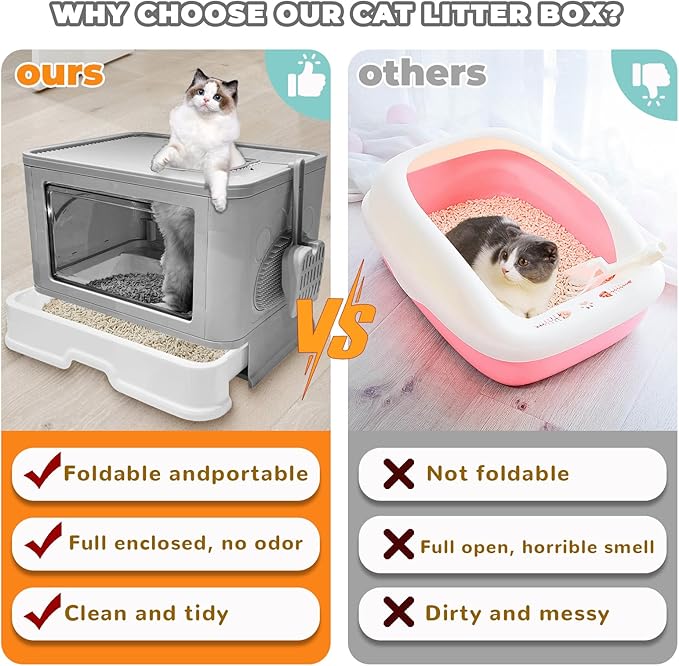 Foldable Box, Enclosed Potty with Scoop, Front Entry Top Exit Cat Litter, Closed Smell Proof Anti Splashing, Drawer Type Cat Litter Easy to Clean