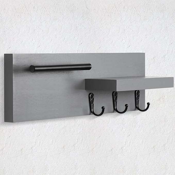 Key Holder for Wall, Decorative Entryway Shelf with Hooks Holds Keys, Dog Leash, Sunglasses – Key Hanger with 3 Hooks Organizes, Enhances Home Decor (15” x 4.5” x 2.6”) (Grey)