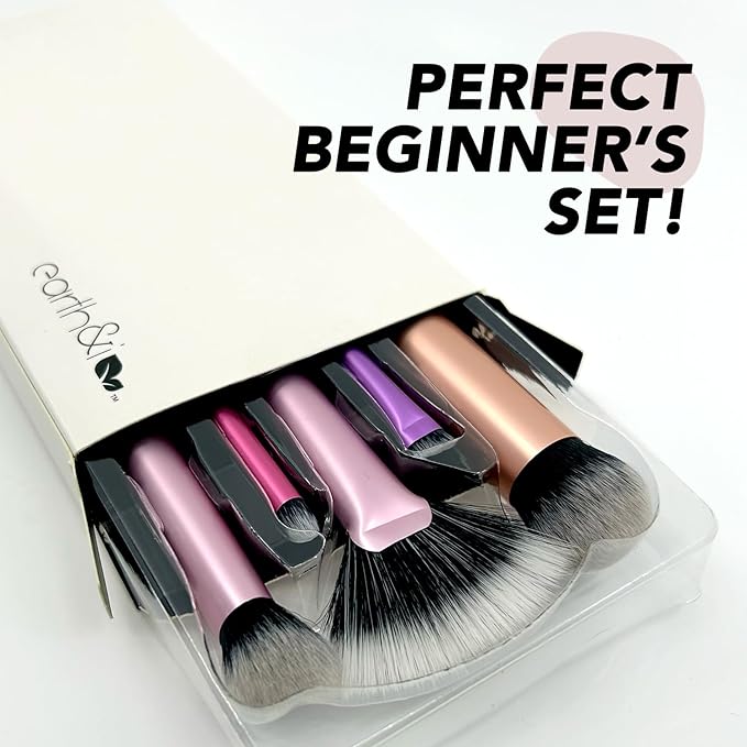 Earth & I 5-Piece Premium Eye Makeup Brush Set – Matte Sateen Pink & Rose Gold Edition – Professional Blending & Mixing Kit – Vegan Synthetic Bristles for Flawless Eyeshadow Application