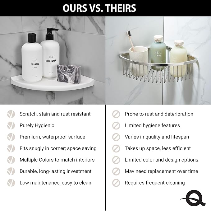 Questech 8" Corner Shower Shelf - Lugged for New Construction, Shower Organizer for Tiled Walls, Corner Caddy Soap Dish Bathroom Storage, Metro Lugged, Brushed Nickel Finish