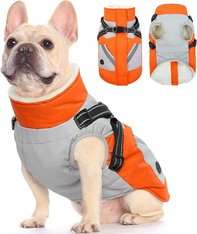 FUAMEY Dog Winter Jackets for Medium Dogs,Dog Coat with Harness Built in,Waterproof Dogs Snowsuits Warm Pet Jacket Zip Up Fleece Cold Weather Coats Reflective Safety Pets Hunting Vest Orange M