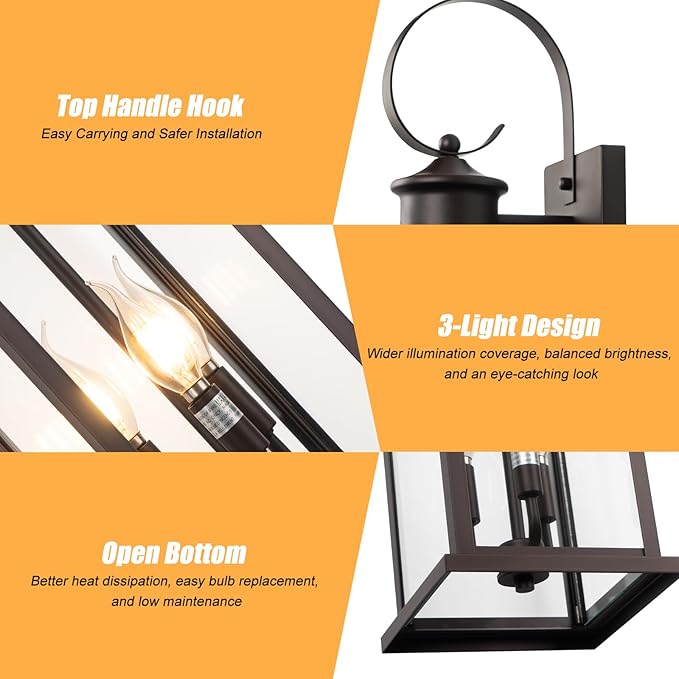 3-Light Large Outdoor Wall Light 2-Pack, 24" Bronze Modern Extra Exterior Lighting Fixture, Waterproof Porch Sconce Wall Mount, Outside Lamp for Front Door Farmhouse