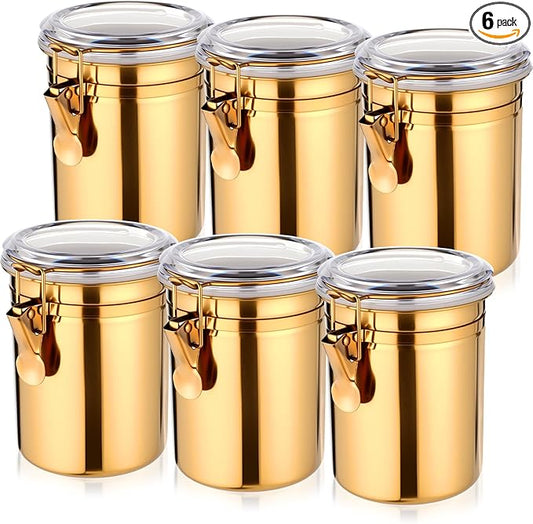 6 Pcs Stainless Steel Food Storage Containers Set Airtight Kitchen Canisters Coffee Jar with Clear Lid and Locking Clamp for Coffee Bean, Tea, Flour, Sugar, Cookie Storage(32 oz)