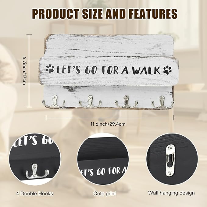 Wood Dog Leash Holder for Wall, Key Hangers with 4 Double Key Hooks, Dog Leash Hanger Wall Mounted for Entryway, Farmhouse Treats,30cm,White