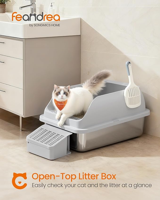 Feandrea 2 Pack Stainless Steel Cat Litter Boxes with Open Top, High Sided Litter Trays with Step, Scoop, Brush, for Cats up to 33 lb, Dove Gray UPPT012GD01