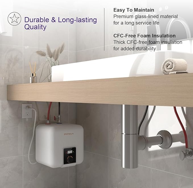 110V/115v/120V 1400-1500W Small Under Sink Tank 2.5 Gallon Water Heater Hot Storage，Mini Instant Electric RV TR Trailer Kitchen Compact Point-of-Use,2 PCs 16” Long 1/2”FIP Stainless Steel Hoses 9.5L