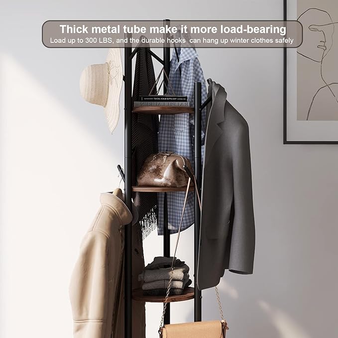 Rotary Coat Rack Freestanding Metal Coat Hall Tree Stand with 4 Tiers Storage Display Shelf and 9 Hooks for Entryway Bedroom Corner Office Garment Clothes Holder (Brown)