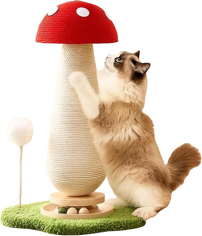 Mushroom Cat Scratching Post, Cat Scratcher with Interactive Ball Track & Spring Ball Toys, Sisal Scratcher for Indoor Cats Kittens, Stable Base, Kitty Tree Tower - Red 25.2''