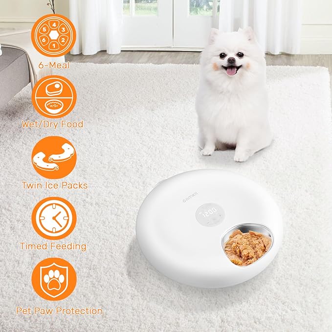 Automatic Cat Feeder Wet Food, Auto Wet Food Feeder for Pets with Two Ice Packs, Digital Cordless Pet Fresh Food Bowl for Newborn Senior Sick Cats and Small Dogs (6-Meal Stainless Steel Food Tray)