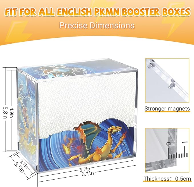 Upgrade PKMN Booster Box Acrylic Case, 5mm Thick Clear Acrylic Protector, PKMN Booster Box Case, Premium Magnetic Holder, Storage Container for Trading Card Collection