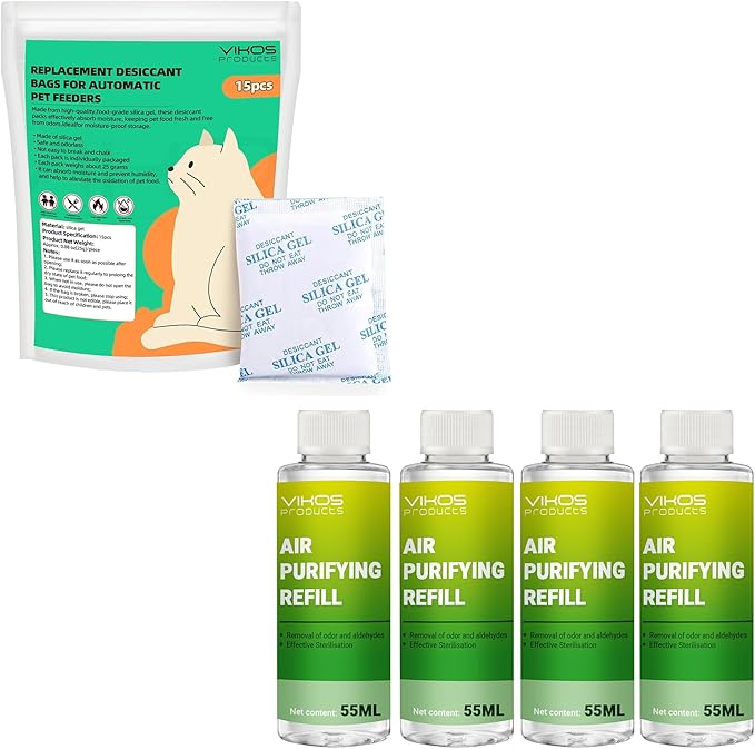 15-Pack Replacement Desiccant Bags Compatible with Pet-kit Automatic Pet Feeders, and (4 Bottles, Fresh Lotus) Cat Litter Deodorizer Compatible with PETKIT PuraX PuraMax Self-Cleaning Cat Litter Box