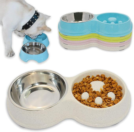 Dog Slow Eating & Drinking Bowl,Stainless Steel Interactive Slow Feed Dog Bowl for French Bulldog,Slow Down Eating Eco-Friendly pet Bowl for Frenchie(White)