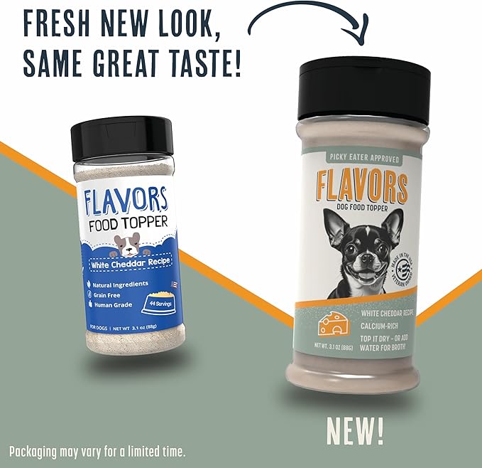 Flavors Food Topper for Dogs, Delicious Seasoning for Dog Food, Natural, Grain-Free Kibble Seasoning and Treat Mix for Picky Dogs and Puppies, White Cheddar Recipe, 3.1-Ounce