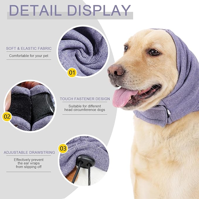 Ear Muffs for Dogs,Calming Hoodie Thunder Head Wrap,No Shake Anxiety Relief Pet Covers Ear Noise Protection Vest for Dogs for Fireworks,Vet Visits,Bathing(Purple,S)