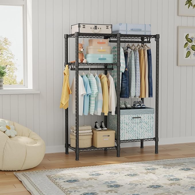 Ulif F1 Garment Rack for Kids, Baby, Students, and Children's Room, 4 Tiers Freestanding and Portable Heavy Duty Closets, Small Metal Clothes Rack with 2 Hanging Rod, 31.2" W x 11.8" D x 48" H, Black