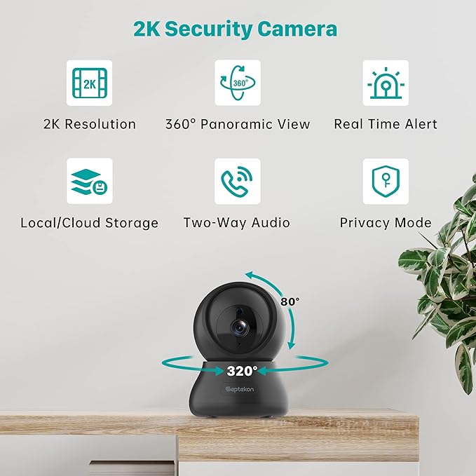 Septekon Indoor Security Camera 2K, 360°Pan Tilt Baby Monitor Pet Camera 2 Pack, 2.4GHz Wi-Fi Camera with Night Vision, Motion Detection, 2-Way Audio Siren, Cloud/SD Card, Works with Alexa, Black