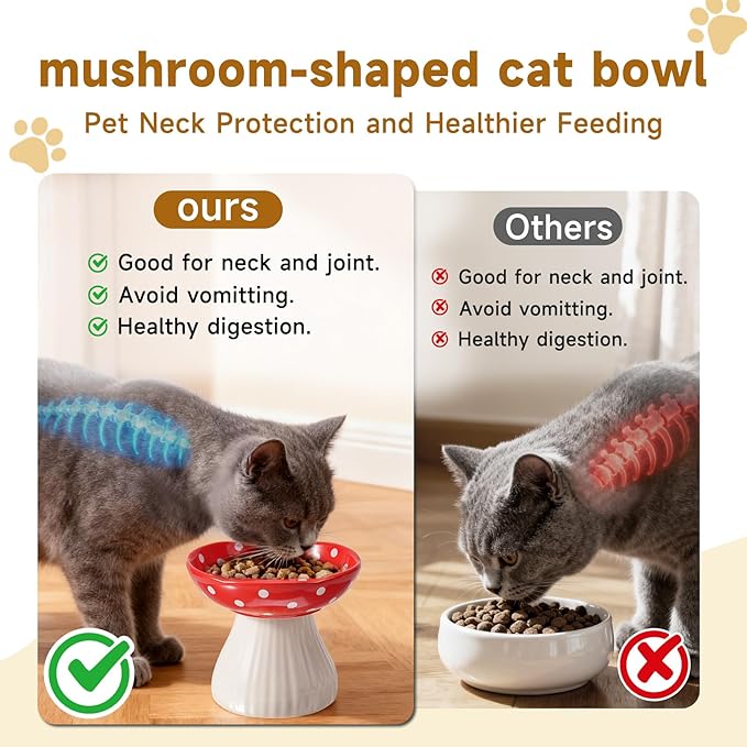 Mushroom Cat Bowl,Whisker Fatigue Cat Bowl,Cute Cat Bowls,Elevated Cat Food Bowl, Lead & Cadmium Free Ceramic Cat Bowls for Food and Water.(Black)