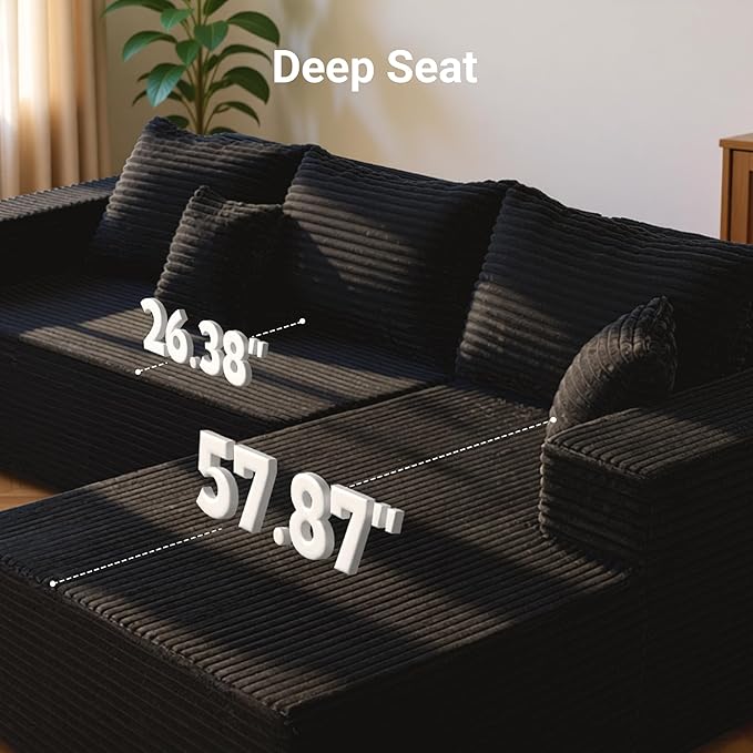 Claiks 104" Boneless Couch, Cloud Couch Sectional, L-Shape Corduroy Modular Sectional Sofa Deep Seat, Upholstered Couches for Living Room, No Assembly Required, Black, Right Facing Chaise