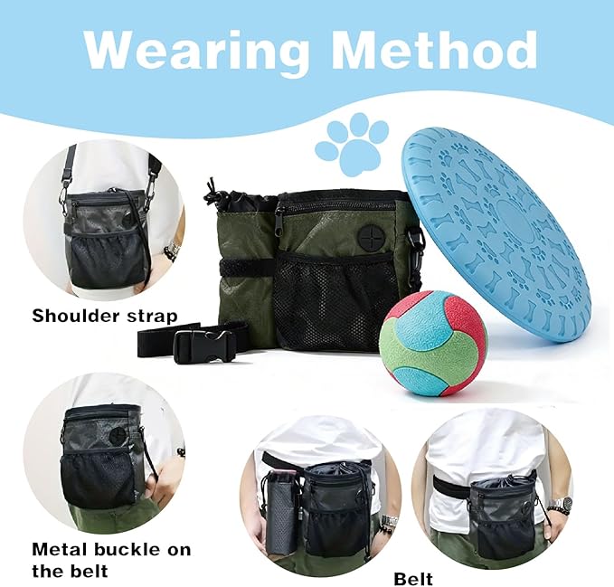 Dog Training Treat Pouch with Water Bottle Pouch – Includes Dual-purposeTraining Disc and Durable Chewable Bounce Ball,Features 3 Convenient Wearing Styles for Dog Walking,Outdoor and Training