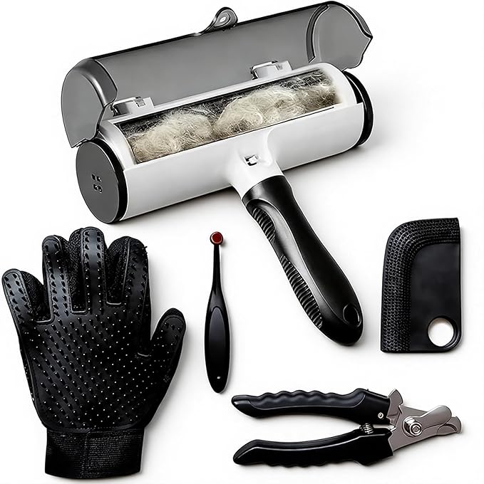 Pet Hair Remover Roller with Grooming Glove, Lint Roller, Nail Clipper, Cleaning Kit, 5-Piece Set