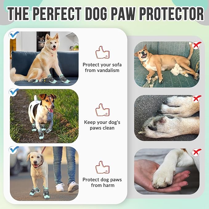 SlowTon Dog Shoes for Large Small Medium Dogs - Waterproof Dog Boots for Summer Hot Pavement, Paw Protector for Outdoor Walking Winter Snow, Anti-Slip Rubber Dog Booties for Hard Floor (Green Gray, 2)
