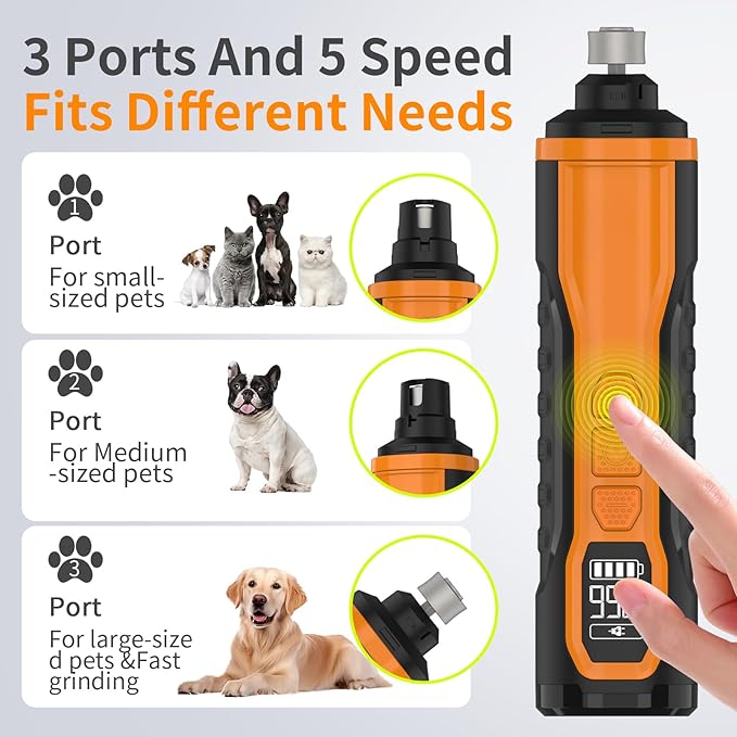 5-Speed Dog Nail Grinder，Super Quiet Rechargeable Electric Dog Nail Trimmer Painless Paws Grooming ，Duty Pet Nail Grinder for Dogs/Cats/Birds/Large Medium Small Animals