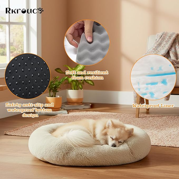 Fluffy Dog Bed Calming Donut Beds for Large Dogs Warming Round Small Medium Pet Nest Cozy Cat Mattress Indoor Washable Puppy Kennel Kittens Sleep Mat (XS, 20×20 inch, Khaki)