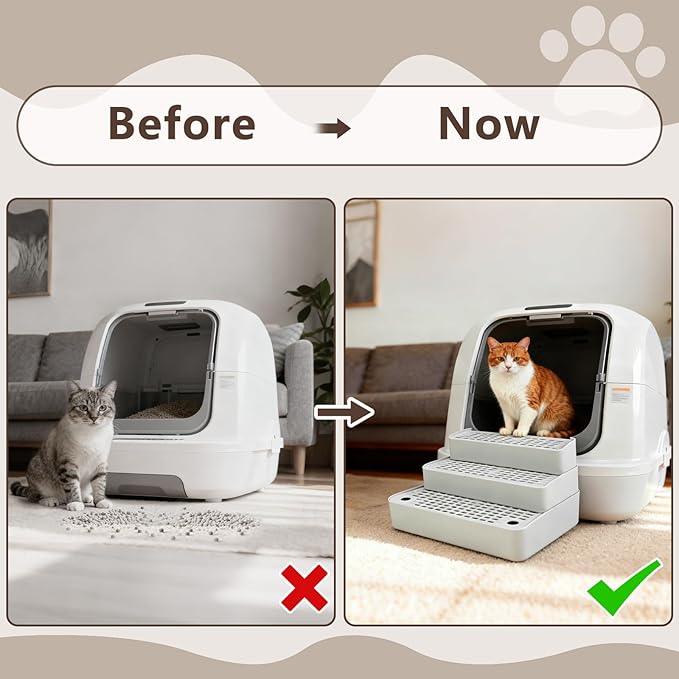 Adjustable 3 Steps Cat Ramp for Litter Box, Detachable Cat Pedal Step Stool with Filter Function, Double Layered Cats Litter Trapper, Suitable for Small&Elderly Cats, Non-Slip(Grey)