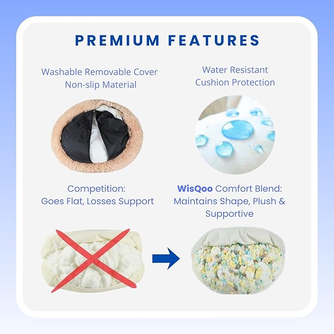 Calming Pet Bed with Water-Resisted Inner Liner – Anti-Anxiety Donut Dog & Cat Bed with Removable Washable Cover – Supportive Plush Nest, Non-Slip & Cushion Protection – Large, Beige