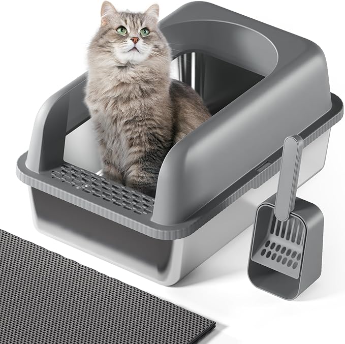 Stainless Steel Cat Litter Box with Lid, 24" L x 16" W x 11.8" H, Large Cat Litter Box for Multiple Cats with High Sided, No-Leak & Stick, Easy to Clean, Includes Litter Mat & Multi Functional Scoop