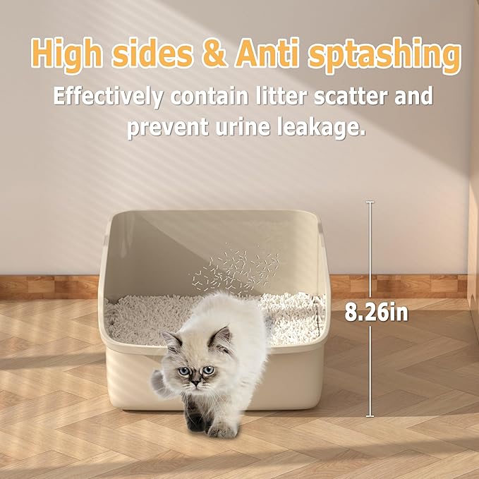 Large Cat Litter Box with High Side Cat Litter Pan Boxes for Indoor Cats Kitty Litter Box with Low Entry Open Top Entrance,Anti-Splashing (White)